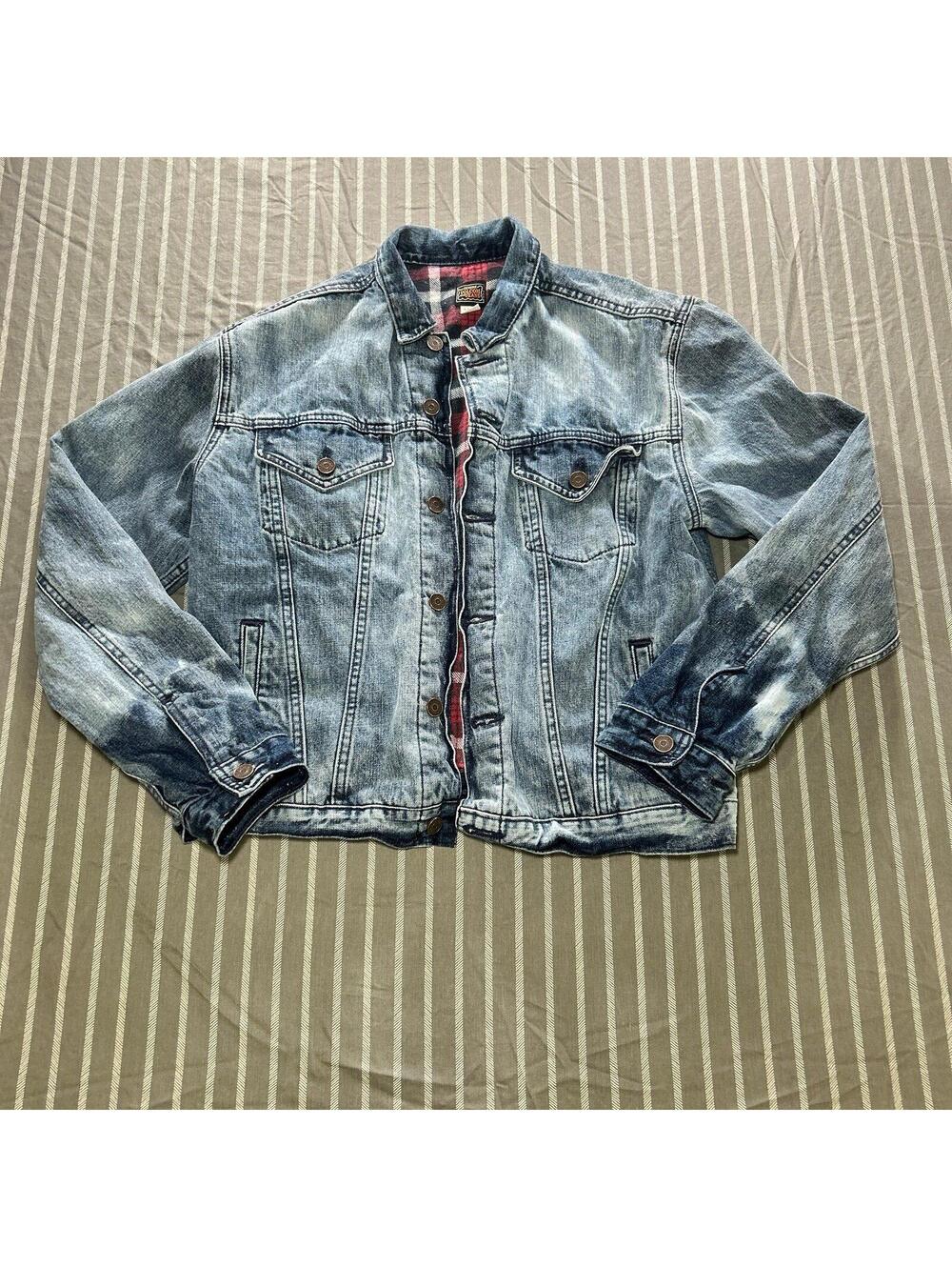 Volcom Ride Along Blue Jean Denim Jacket Plaid Flannel Lined Women’s Lg Skater